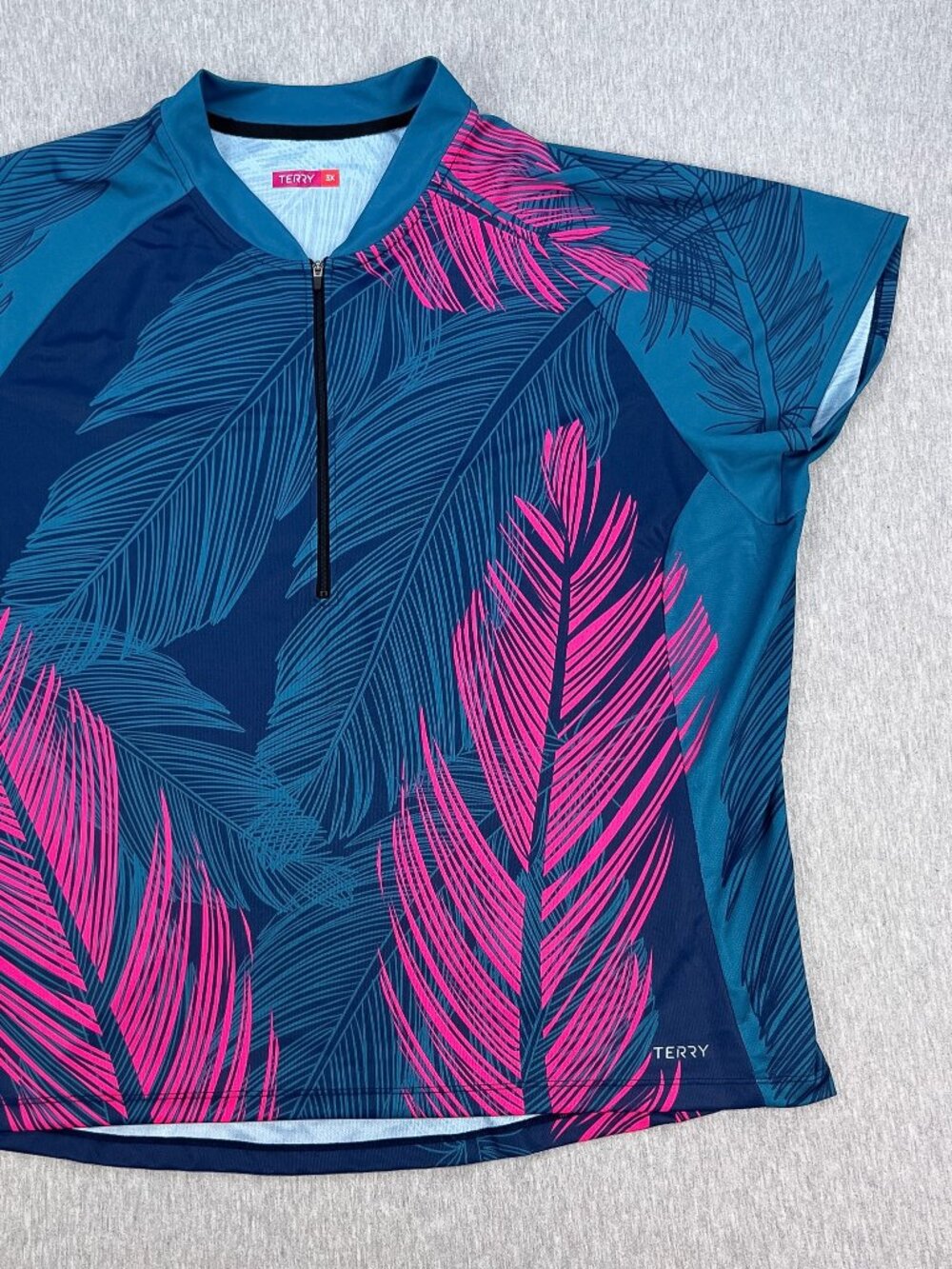 Terry Bella Cycling Jersey Womens 3X Teal Pink Feather 1/2 Zip Cap Sleeve USA